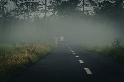 Rear view of two people walking on country road