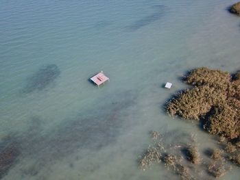 High angle view of umbrellas on beach