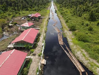 High angle view of road amidst trees