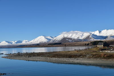 Scenic view of lake and snowcapped mountains against clear blue sky