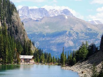 Panoramic view of lake and mountains against sky