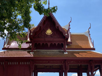 Low angle view of temple against building