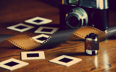 Close-up of film reels and mini picture format film