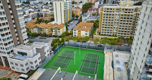 High angle view of buildings in city