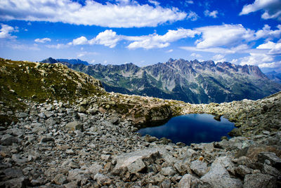 Scenic view of lake and mountains against sky