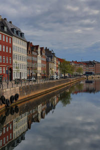 Reflection of buildings on river against sky