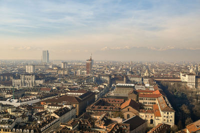 Elevated view of the city center of turin, italy