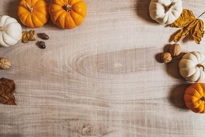 High angle view of pumpkins on table