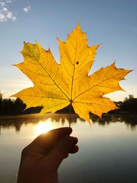Close-up of hand holding maple leaf by lake