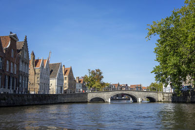 Bridge over river by buildings against sky