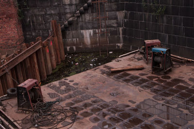 High angle view of man working on building