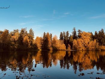 Reflection of trees in lake against sky