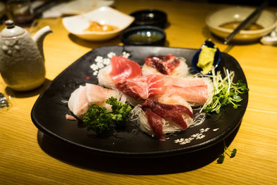 High angle view of seafood served in plate on table