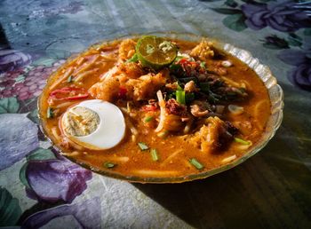 High angle view of meal served on table