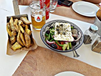 High angle view of food served on table