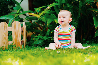 Cute boy sitting in field