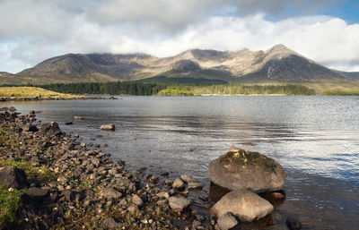 Scenic view of lake and mountains against sky