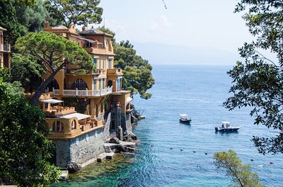 High angle view of building by sea against sky at portofino