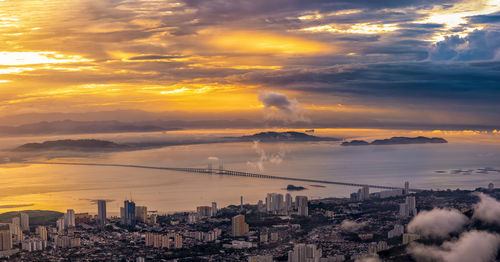 High angle view of cityscape against sky during sunset