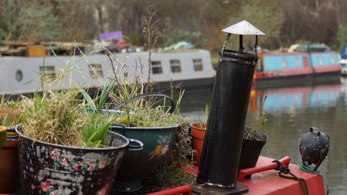 Close-up of potted plants on boat moored in river