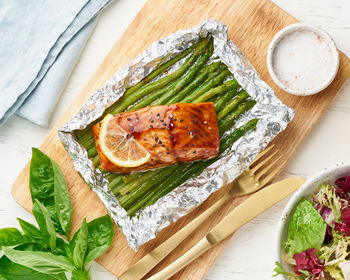 High angle view of food on cutting board