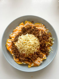 High angle view of food in plate on table