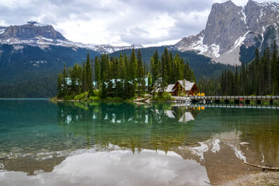 Scenic view of lake and snowcapped mountains against sky