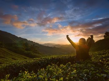 Rear view of woman with arms raised standing amidst plants on mountain during sunrise