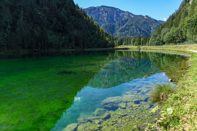 Scenic view of lake and mountains against sky