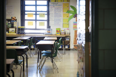 Interior of classroom seen through doorway