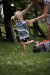 High angle view of boy playing in park