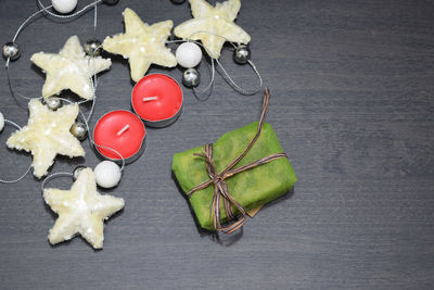 High angle view of christmas decorations on table