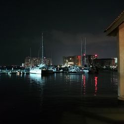 Sailboats in marina at night
