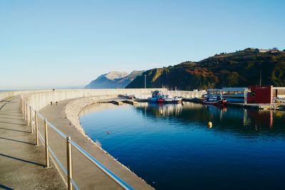 Scenic view of bay against clear blue sky