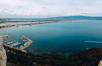 High angle view of bay against sky