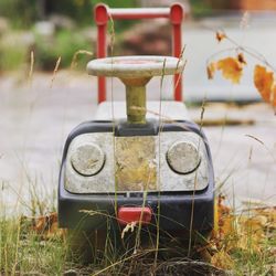 Close-up of toy car on field