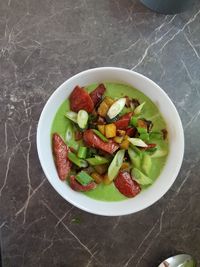 High angle view of salad in bowl on table