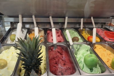 Variety of ice cream in shop