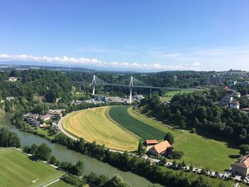 High angle view of trees on field against sky
