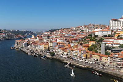 High angle view of townscape against clear sky