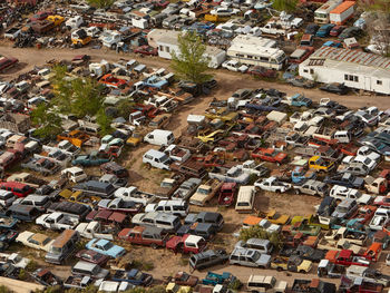 High angle view of cars at junkyard