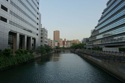 Canal amidst buildings against clear sky in city