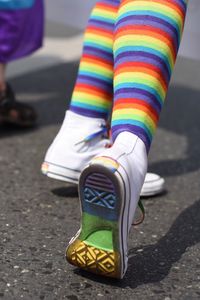 Low section of person wearing rainbow colored socks