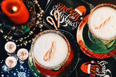 High angle view of christmas decorations on table