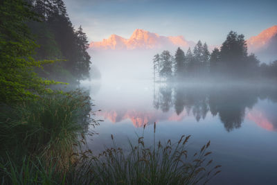 Scenic view of lake against sky during sunset