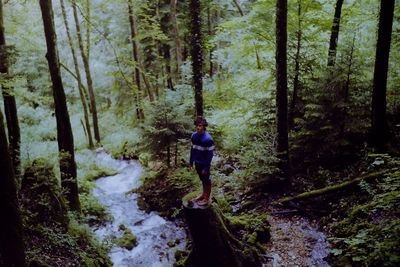 Man standing on tree stump by stream in forest