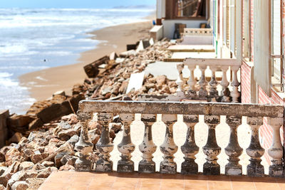 Close-up of chess on beach