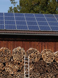 Bundles of firewood outside barn