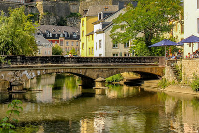 Arch bridge over river by buildings