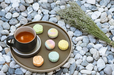 High angle view of drink on rocks